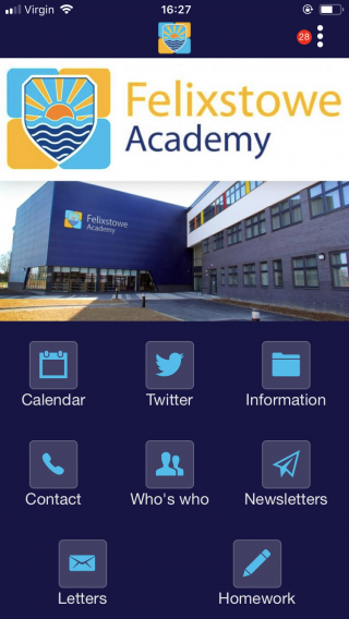 Felixstowe Academy smartphone app homepage